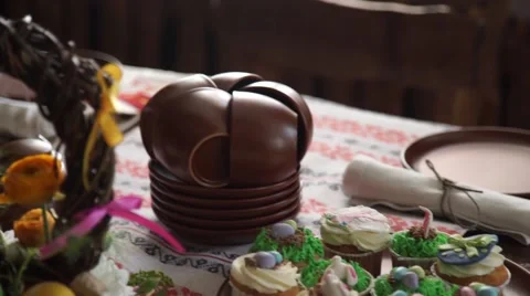 Easter table setting. Cakes. Pancake. Easter. Beautiful table. Easter egg. Sweet Stock Footage 64816462