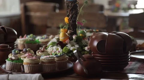 Easter table setting. Cakes. Pancake. Easter. Beautiful table. Easter egg. Sweet Stock Footage 64816483