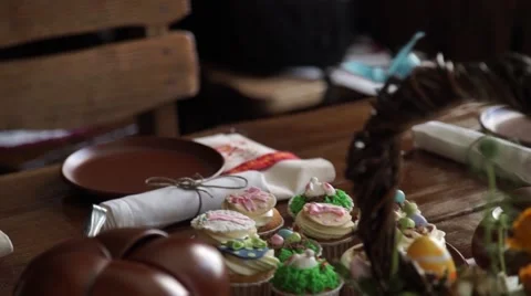 Easter table setting. Cakes. Pancake. Easter. Beautiful table. Easter egg. Sweet Stock Footage 64816495