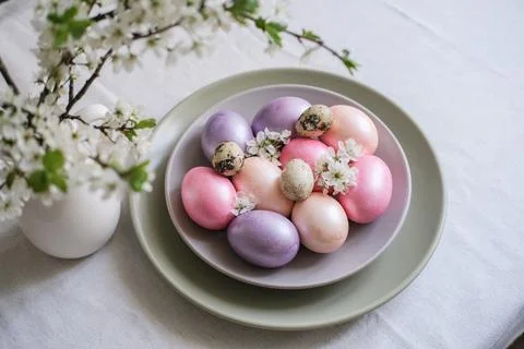 Easter table setting with colorful pastel Easter eggs on a gray plate and c.. Stock Photos