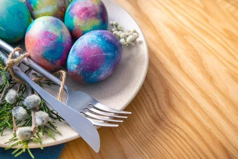 Easter table setting with eggs and forest Stock Photos