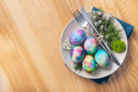 Easter table setting with eggs and forest Stock Photos