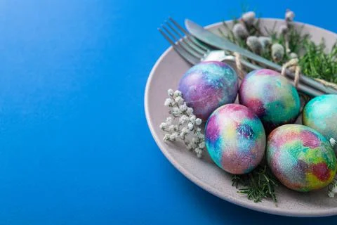 Easter table setting with eggs Stock Photos