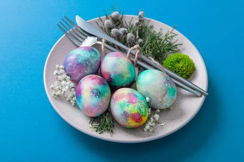 Easter table setting with eggs Stock Photos