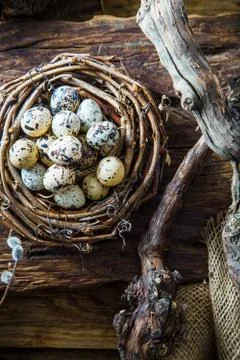 Easter table setting. Fresh eggs on plate. Spring table. Stock Photos
