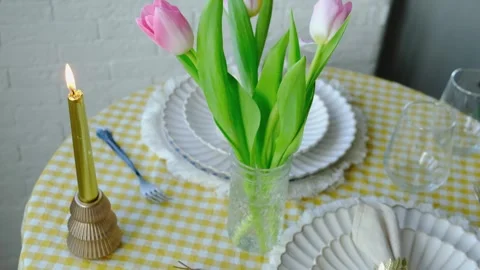 Easter table setting with fresh spring flowers. Stock Footage 332702005