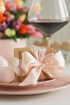 Easter Table Setting with Gift Box, Decorated Eggs, Wine Glass and Tulips. .. Stock Photos