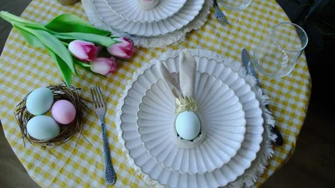 Easter table setting. Holiday dinner. Stock Footage 332702028