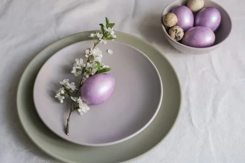 Easter table setting with minimalist floral decor. Pastel purple Easter eggs  写真素材
