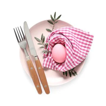 Easter table setting with olive branch and painted egg on white background Stock Photos