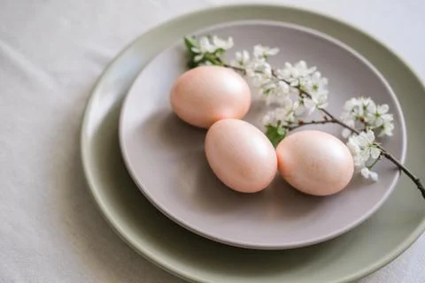 Easter table setting with peach Easter eggs and cherry blossom branch on grey Foto stock
