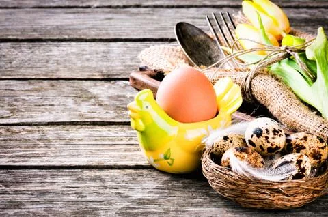 Easter  table setting with quail eggs Stock Photos