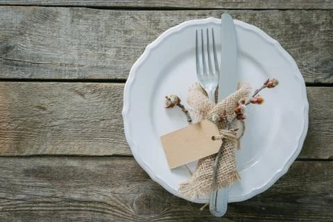 Easter table setting on rustic background Stock Photos