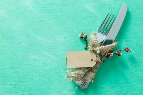 Easter table setting on rustic background Stock Photos