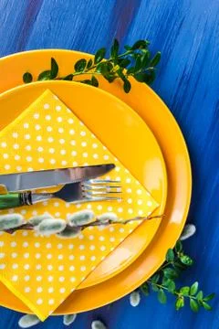 Easter table setting sprig pussy willow Stock Photos