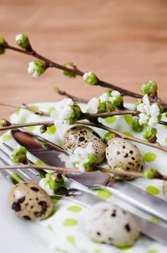 Easter table setting with spring flowers. Stock Photos
