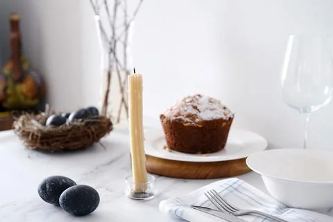 Easter table setting with willow branches and eggs. Stock Photos
