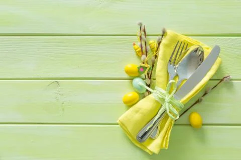 Easter table setting on wood background Stock Photos