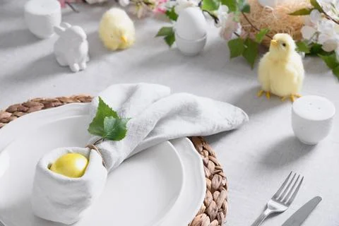 Easter table setting with yellow chick,decorations, fresh flowers and eggs. Stock Photos