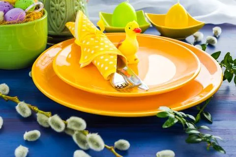 Easter table setting yellow duck Stock Photos