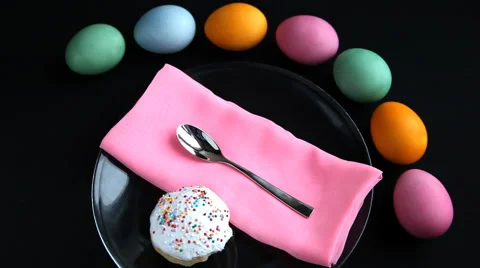 With Easter table took a spoon. Stock Footage 61750211