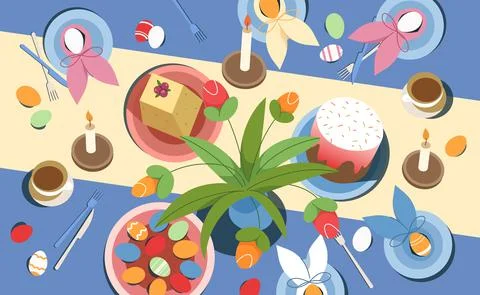 Easter table top view with traditional cake and painted eggs Stock Illustration