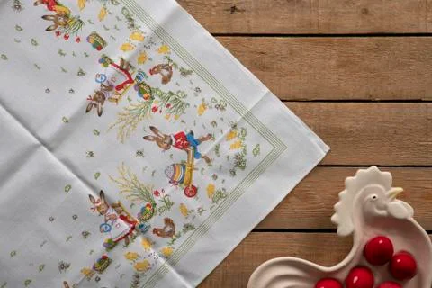Easter tablecloth with a decorative rooster Stock Photos