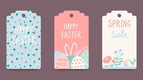 Easter tags, labels with cute banny. Trendy Easter design with typography, hand Illustrazione stock