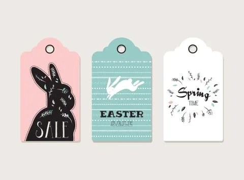 Easter tags, labels with cute bunny and flowers Stock Illustration