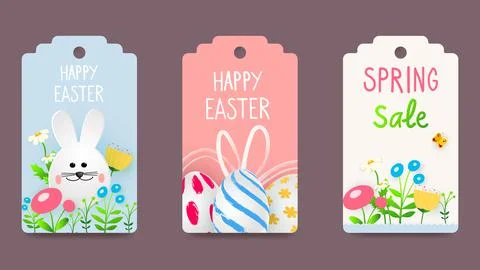 Easter tags, labels with cute bunny. Trendy Easter design with typography, hand Stock Illustration