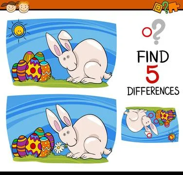 Easter task of differences Cartoon Illustration of Finding Differences Edu... 스톡 사진
