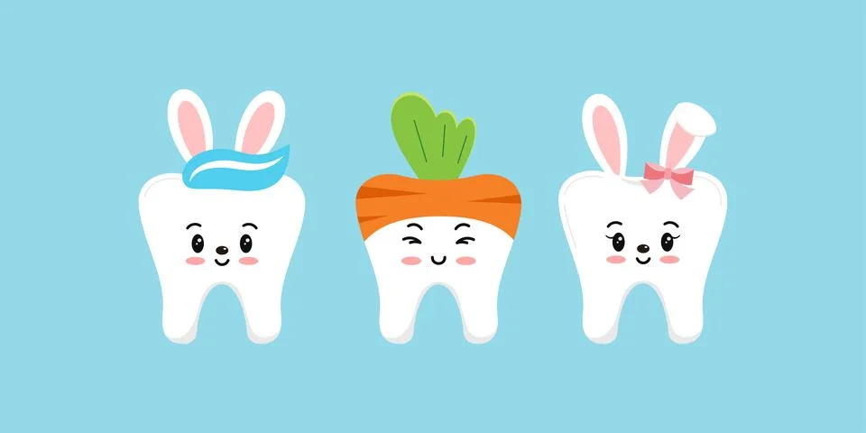 Easter teeth bunny rabbit and carrot dental icon set isolated. Stock Illustration