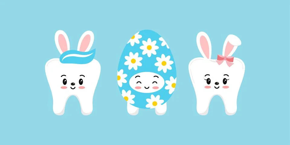 Easter teeth bunny rabbit and egg dental icon set isolated. Stock Illustration