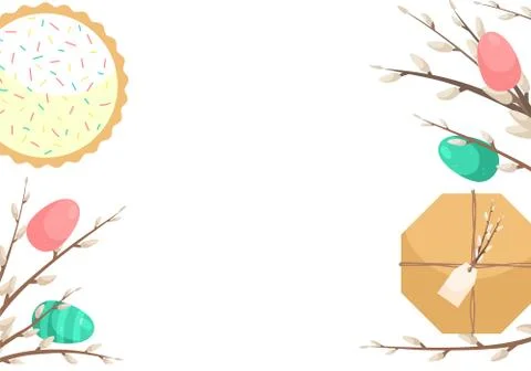 Easter template with space for text. Flat lay background with Easter eggs and Stock Illustration