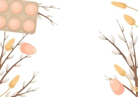 Easter template with space for text. Flat lay background with Easter eggs and 库存插图