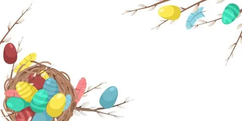 Easter template with space for text. Flat lay background with Easter eggs and Stock Illustration