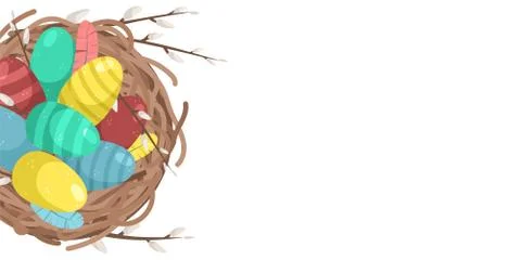Easter template with space for text. Flat lay background with Easter eggs and Illustrazione stock