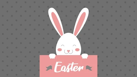 Easter text, animated footage in 4K. Close up text and rabbit on gray background Stock Footage 104808693