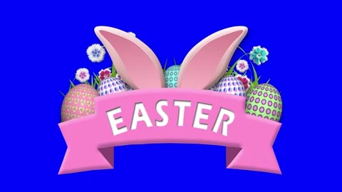 Easter text banner with swinging bunny ears, eggs and flowers on blue cut o.. Stock Footage 306079383