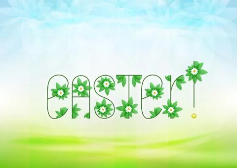 Easter text message with daisy blossoms on green landscape Stock Illustration
