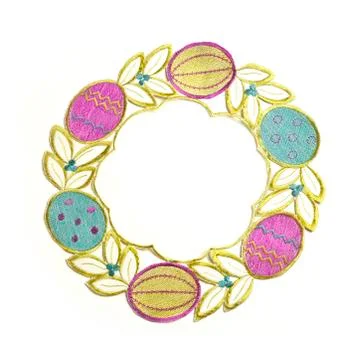 Easter textile round tablecloth isolated on white background. Top view Stock Photos