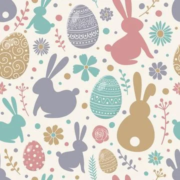 Easter texture with colourful eggs, bunnies and flowers. Seamless pattern. Ve Illustrazione stock
