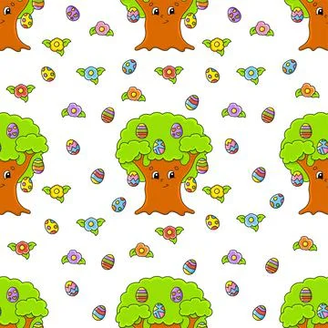 Easter theme. Color seamless pattern. Cartoon style. Hand drawn. Vector illus Stock Illustration