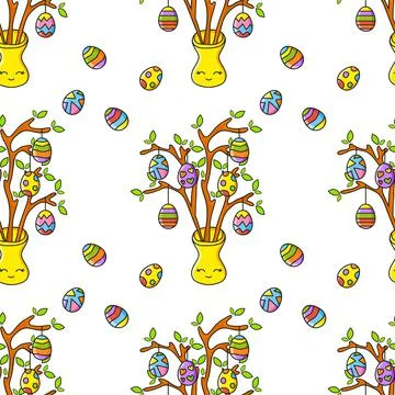 Easter theme. Color seamless pattern. Cartoon style. Hand drawn. Vector illus Stock Illustration
