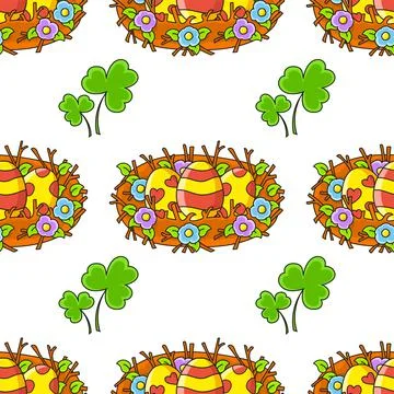 Easter theme. Color seamless pattern. Cartoon style. Hand drawn. Vector illus Stock Illustration
