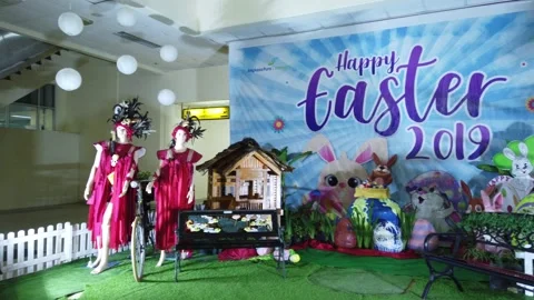 Easter Theme Photo Booth Backdrop at Sam Ratulangi Airport Stock Footage 130219311