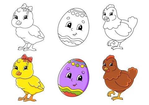 Easter theme. Set coloring page for kids. Cute cartoon characters. Black stro Stock Illustration