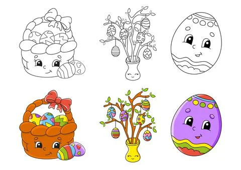 Easter theme. Set coloring page for kids. Cute cartoon characters. Black stro Stock Illustration