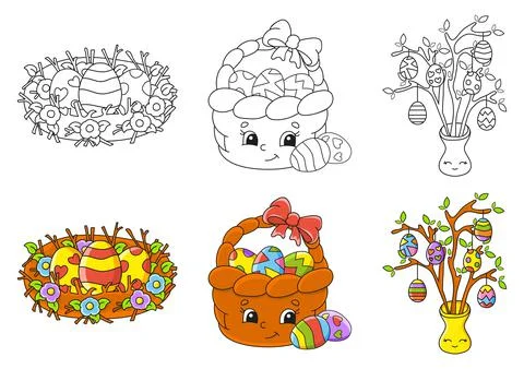 Easter theme. Set coloring page for kids. Cute cartoon characters. Black stro Stock Illustration