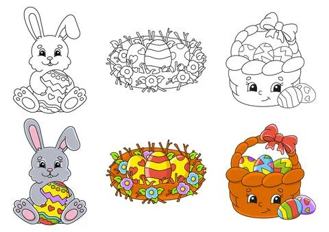 Easter theme. Set coloring page for kids. Cute cartoon characters. Black stro Stock Illustration